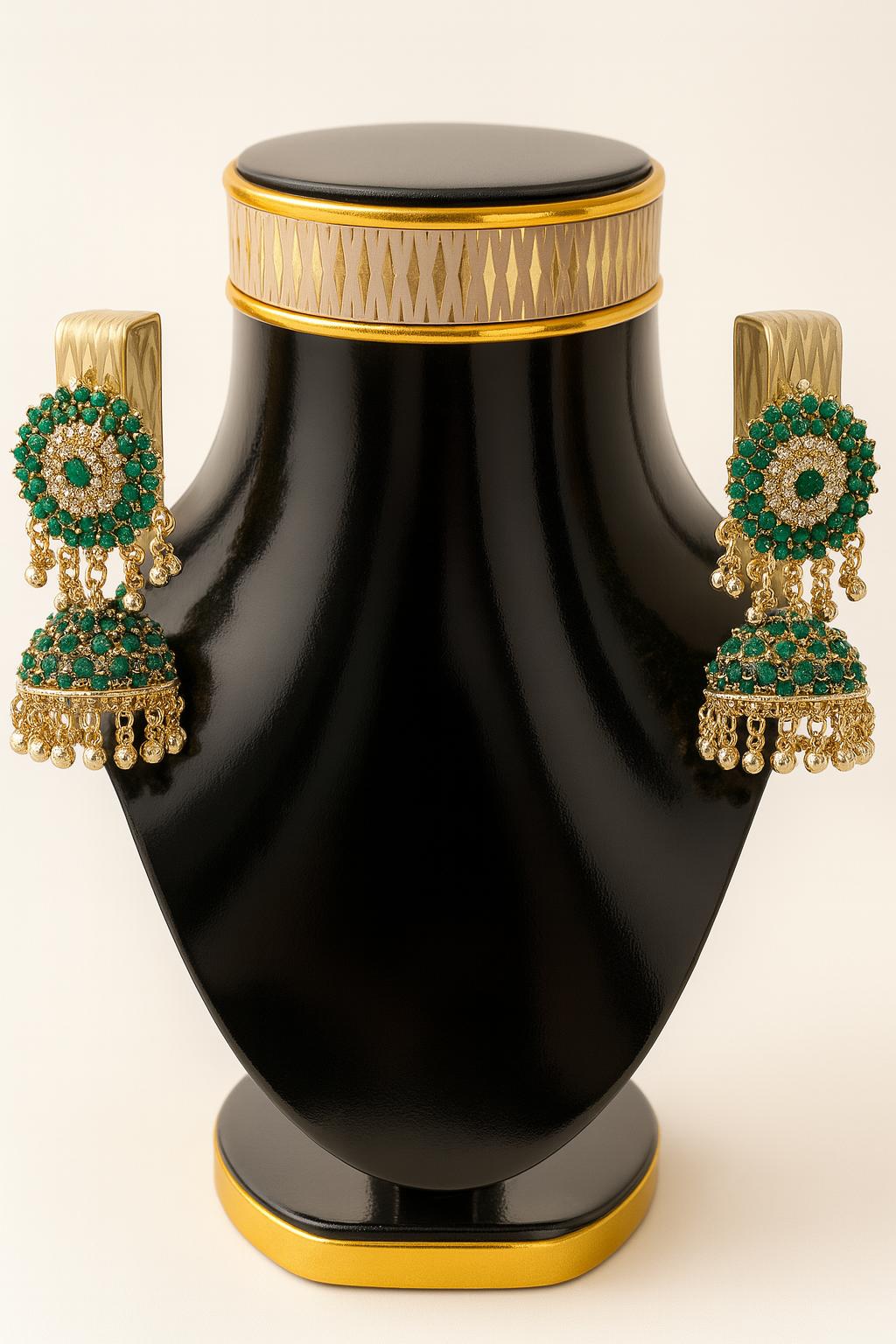 Tear Drop Jhumki | Women Fashion| Golden with Green and White Stones