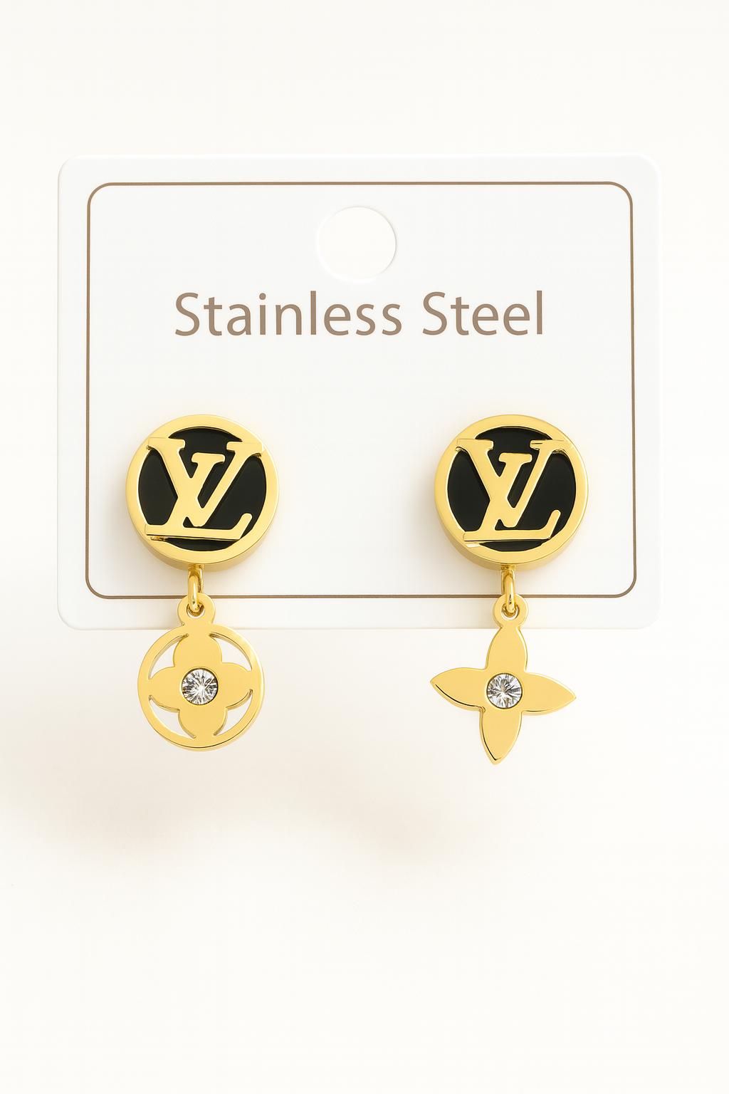 Elegant LV Earrings| Women Fashion| Dual Charm| Gold Black