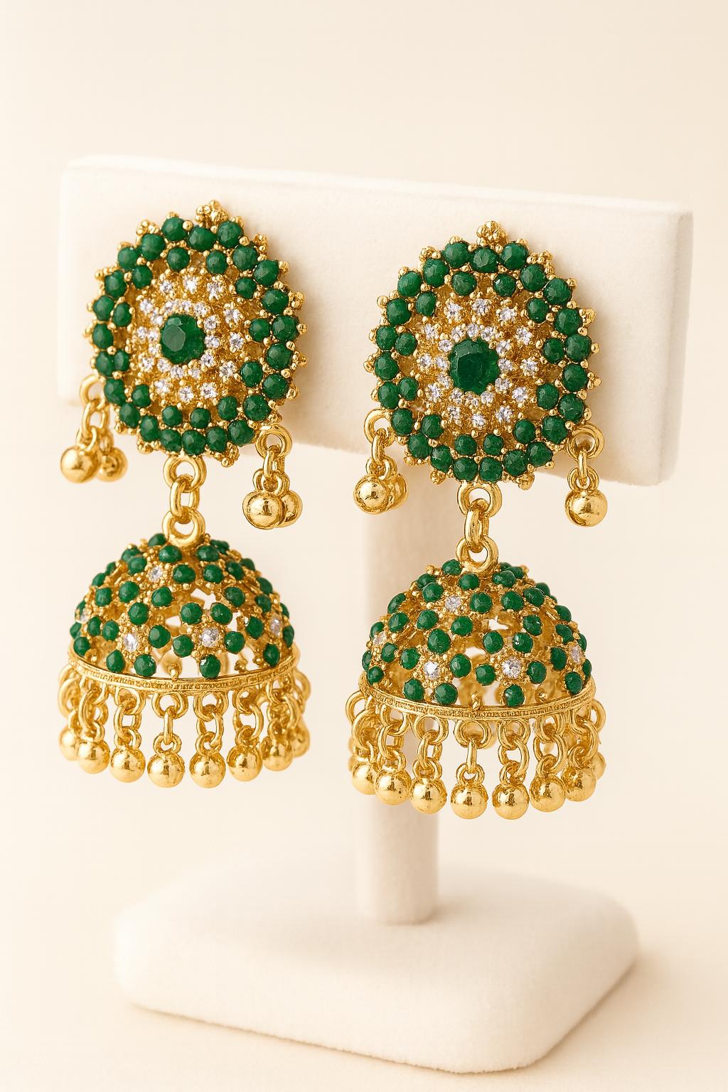Tear Drop Jhumki | Women Fashion| Golden with Green and White Stones