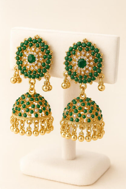 Tear Drop Jhumki | Women Fashion| Golden with Green and White Stones