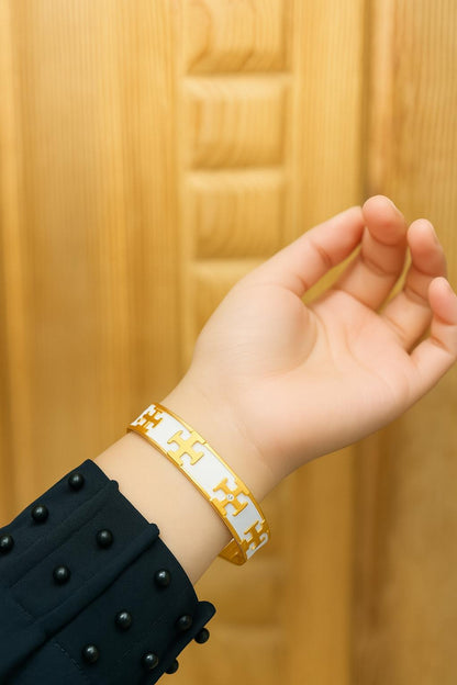 Premium White Enamel Gold Cuff Bracelet with White filling
