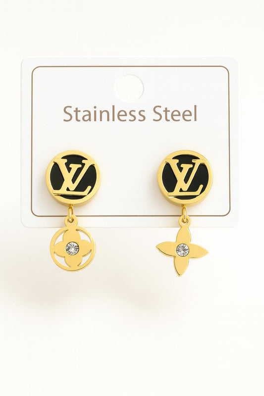 Elegant LV Earrings| Women Fashion| Dual Charm| Gold Black