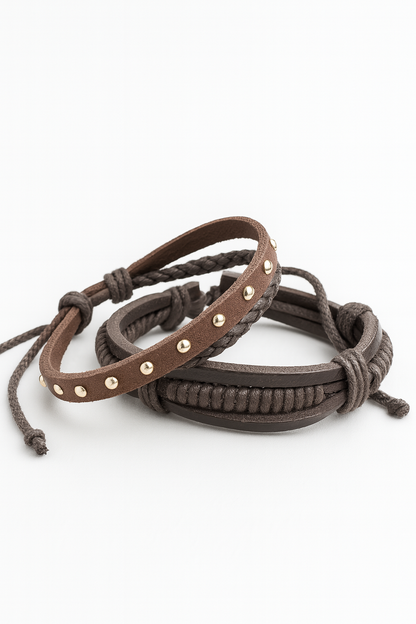 Pure Brown leather Men’s & Boys Bracelet with Golden Beats Pack of 2