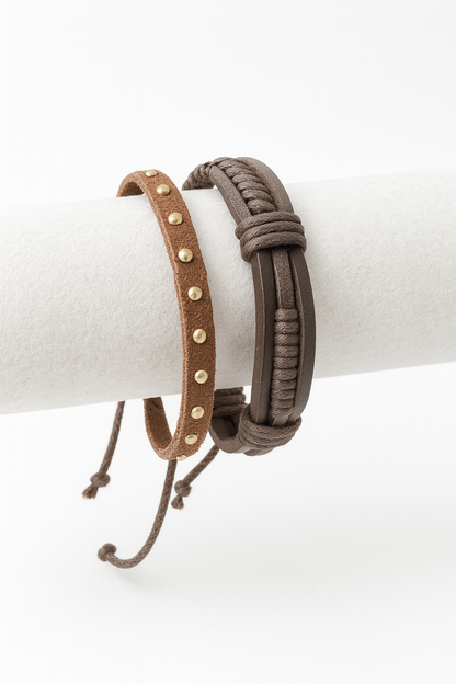 Pure Brown leather Men’s & Boys Bracelet with Golden Beats Pack of 2