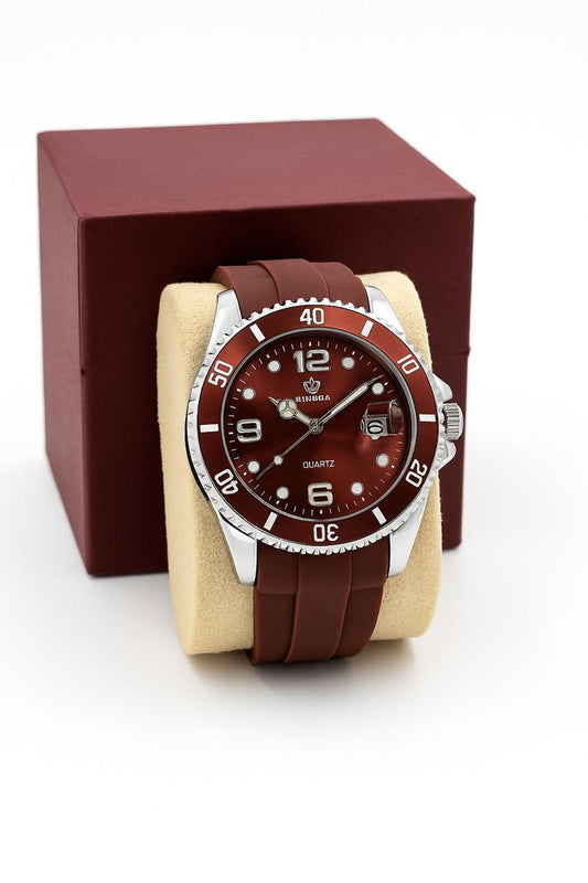 RINNEA-QUARTZ Watch-Brown Silicon Strap-Water Resistant-Calendar Option