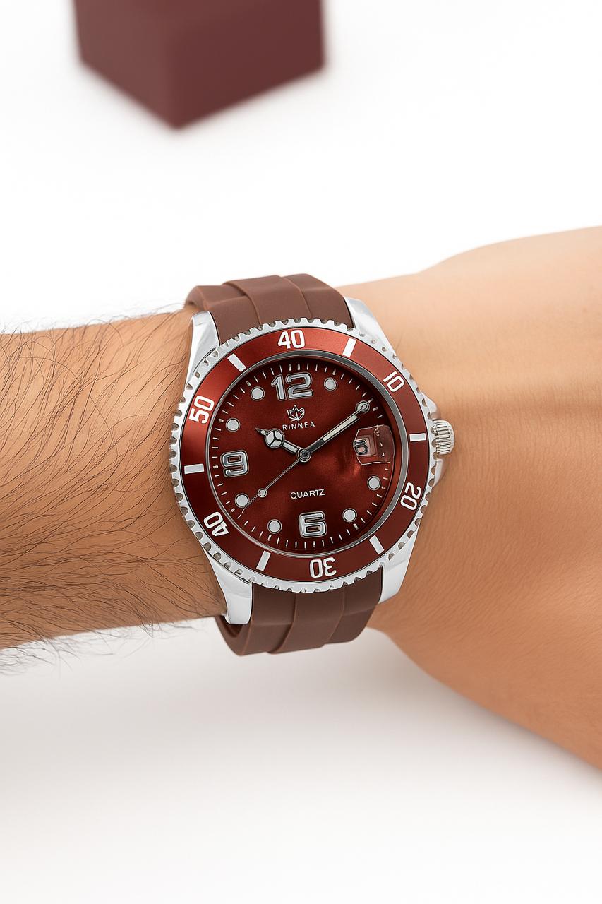 RINNEA-QUARTZ Watch-Brown Silicon Strap-Water Resistant-Calendar Option