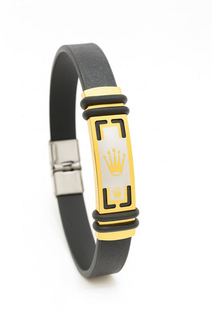 Rolex Brand Men’s & Boys Bracelet| Gold and Black Leather Strap